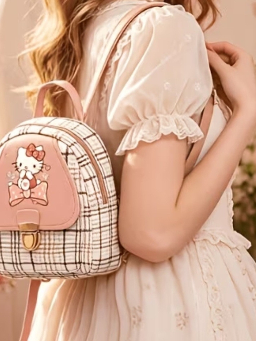 Hello Kitty Pink Plaid Mini Backpack with Gold Clasp